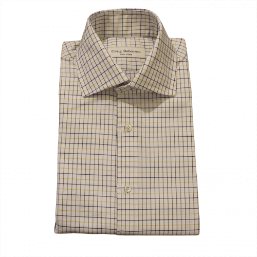 White with blue and yellow plaid Oxford collar shirt