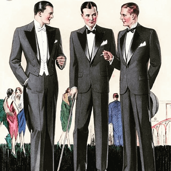 Old pattern photo of men in black tuxedos