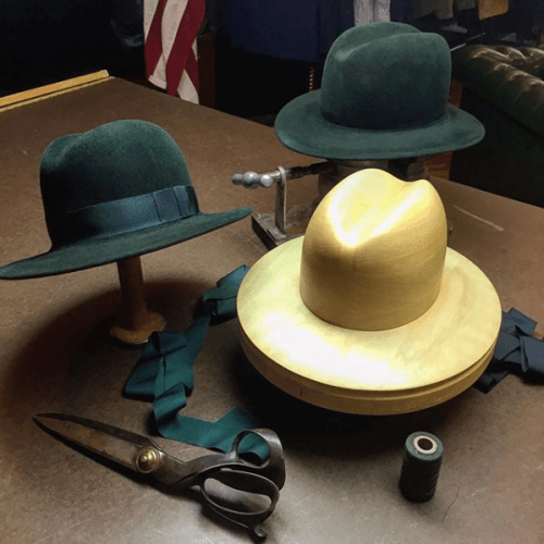 Felt hats showing the stages they go through when being made