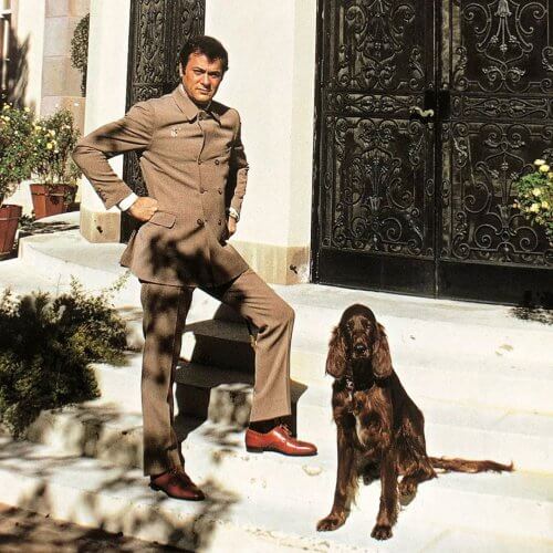 Tony Curtis modeling a light brown suit