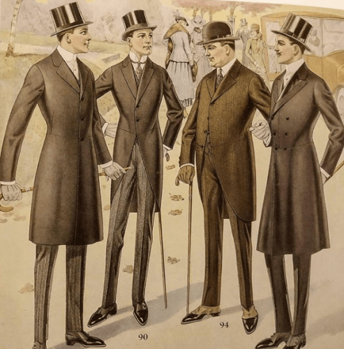 Old drawing of four men in Fancy suits