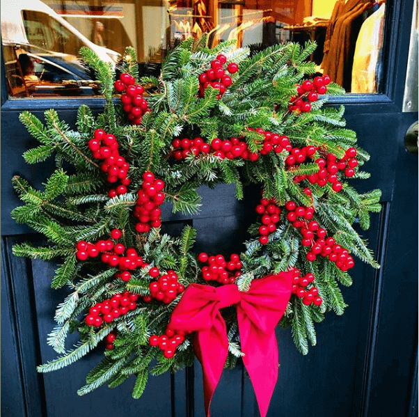 Holiday wreath on the front door of the store