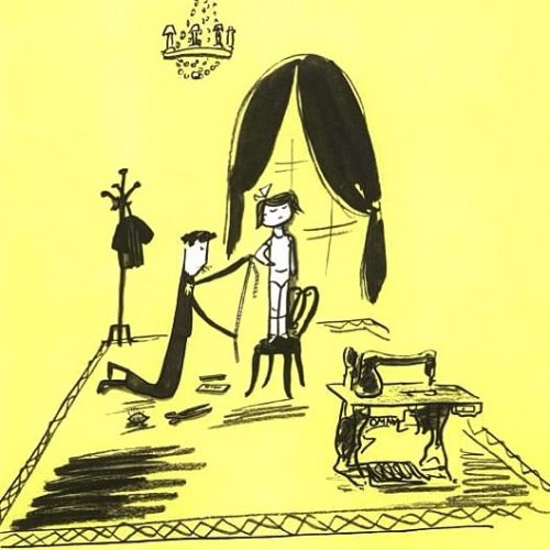 Cartoon sketch of a tailor taking someone's measurements