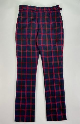 Full view of navy and red plaid dress pants