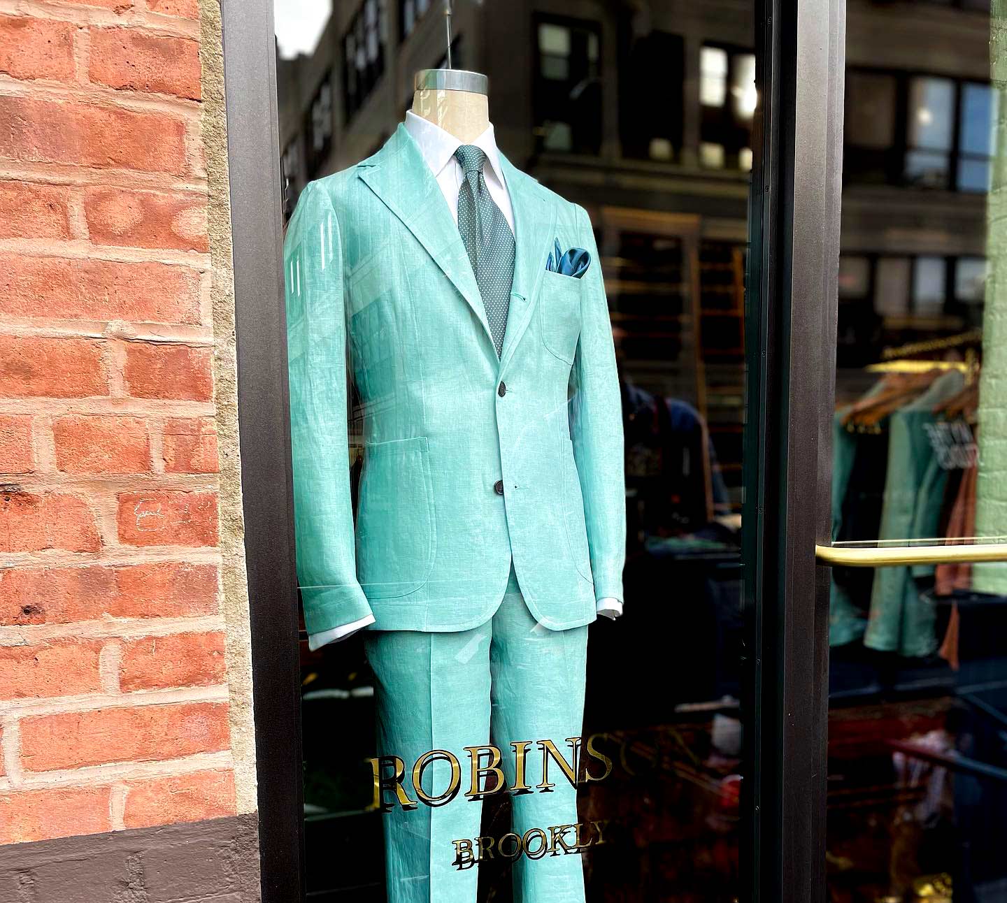 а gorgeous summer linen blue men's suit, handmade in store